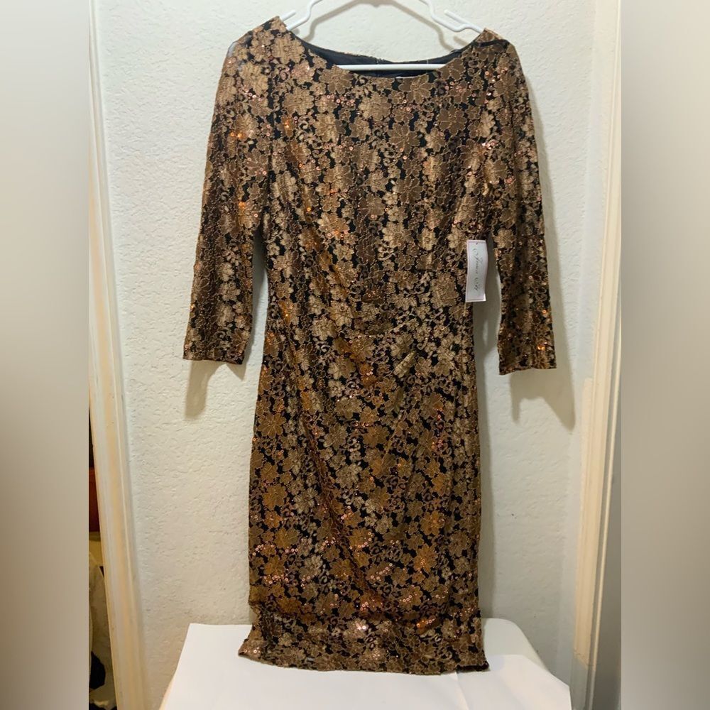NWT Jessica Howard Black Gold Dress Sz 8 Sequin, Lined Midi Cocktail Lace Sheath